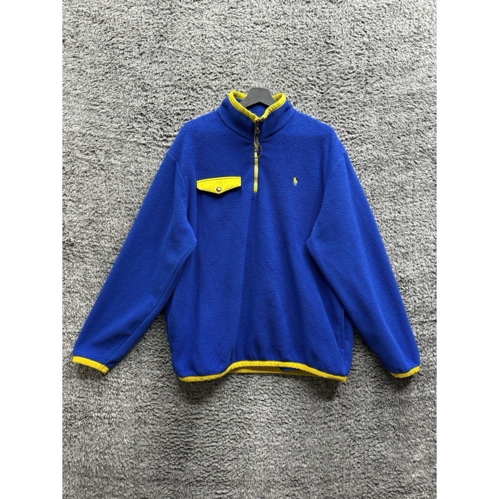 Polo Ralph Lauren Jacket Men Large Blue Yellow‎ Pony Fleece Pockets 1/4 Zip
